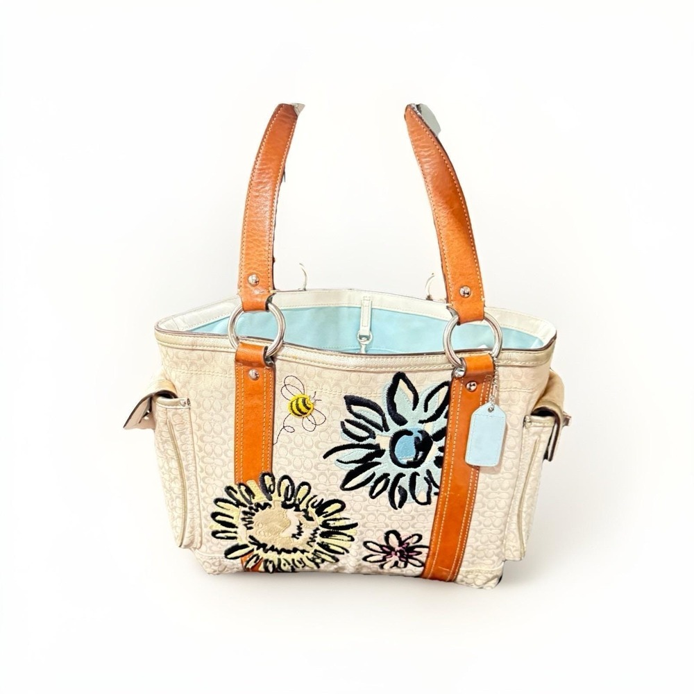 Vintage Coach handbag purse‎ tote bumble bee flower floral turnlock